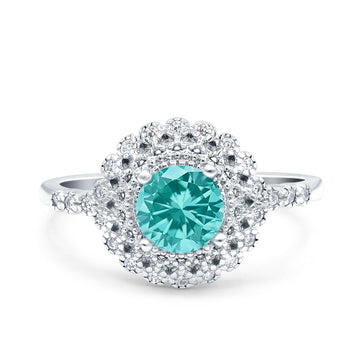 Halo Art Deco Wedding Ring Round Simulated Paraiba Tourmaline CZ 925 Sterling Silver